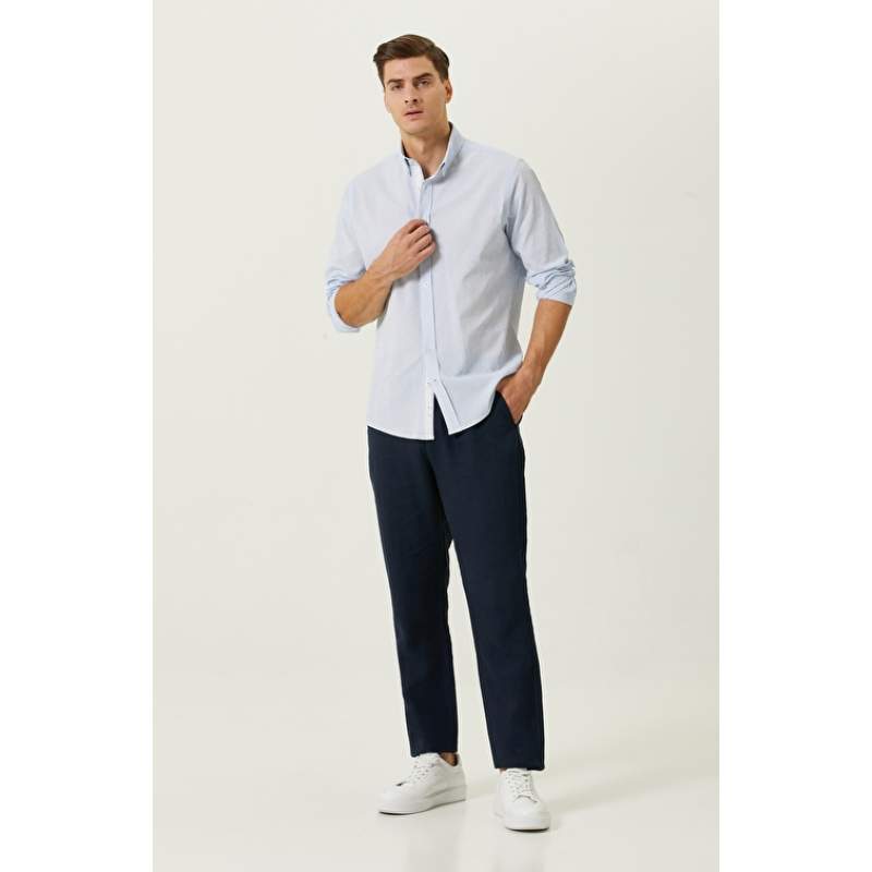 Navy Blue Straight Leg Linen Trousers