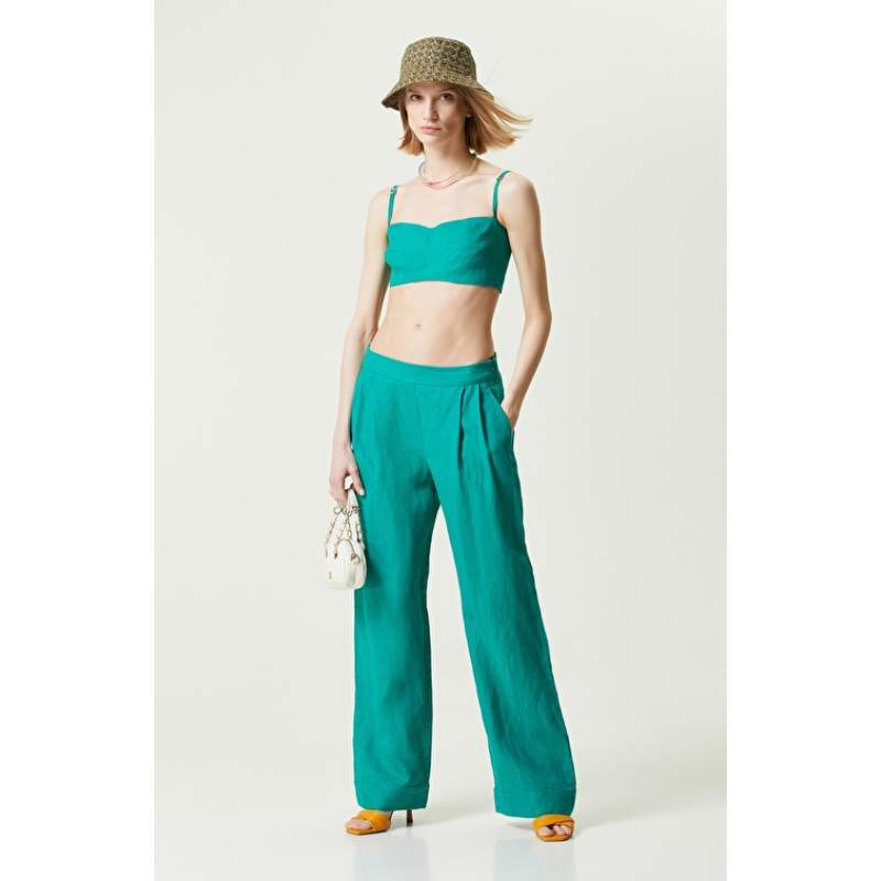 Green High Waist Linen Pants