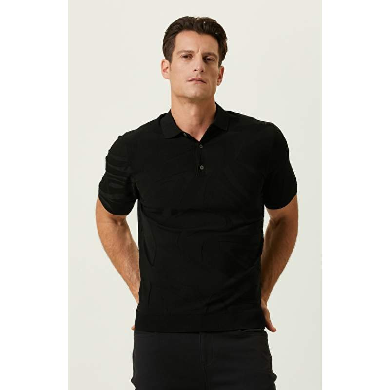 Black Short Sleeve Jacquard Polo Neck Sweater