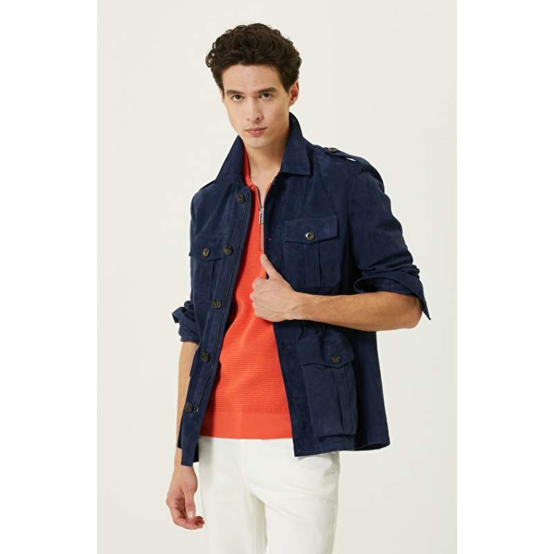 Blue Long Sleeve Suede Shirt Collar Jacket