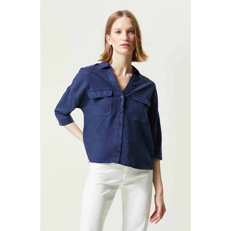Navy Blue Three Quarter Sleeve Tencel Shirt