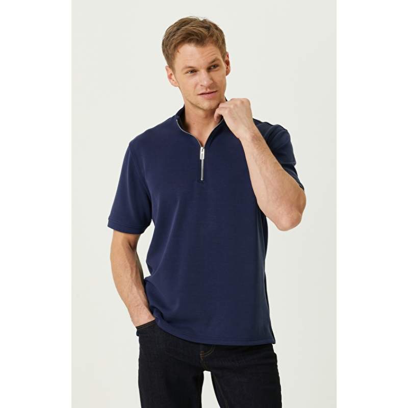 Navy Blue Zipper Short Sleeve Sweatshirt Navy Blue Zipper Short Sleeve Sweatshirt