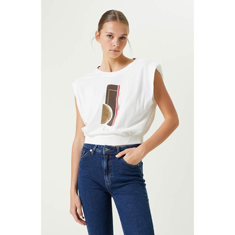 Ecru Printed Sleeveless Crop Tshirt Ecru Printed Sleeveless Crop Tshirt