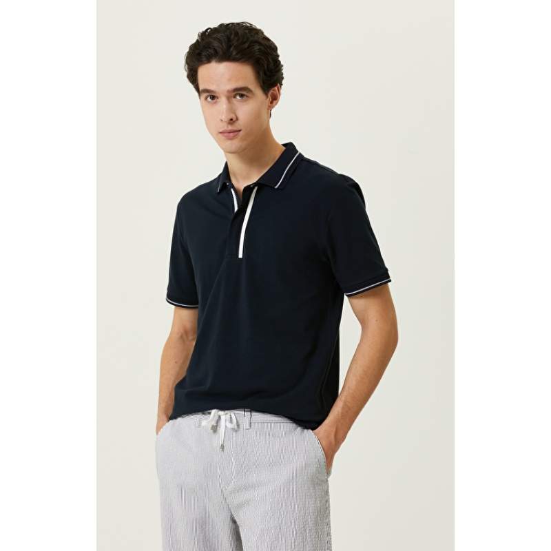 Navy Blue Zippered Polo Neck T-Shirt Navy Blue Zippered Polo Neck T-Shirt