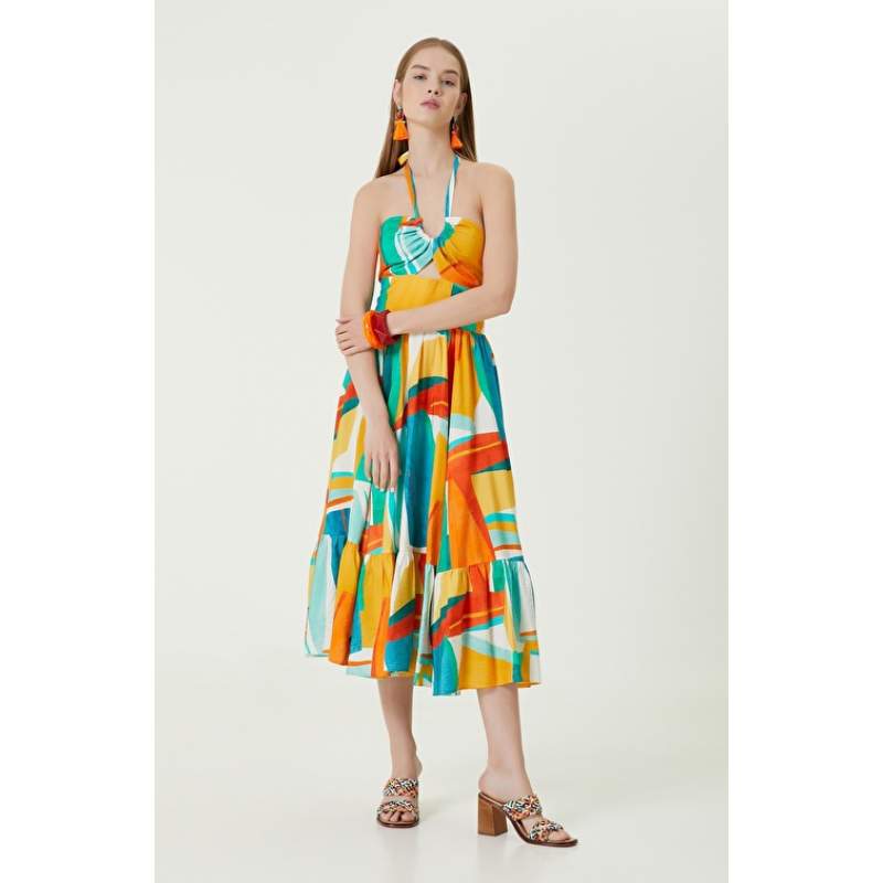 Green Ecru Strap V-Neck Dress