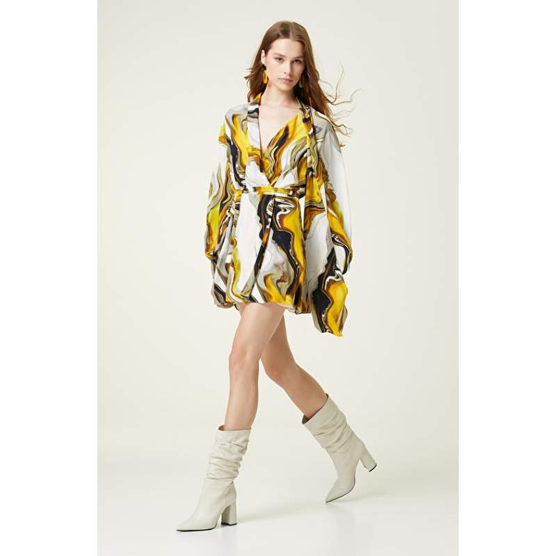 Saffron Patterned Mini Silk Dress