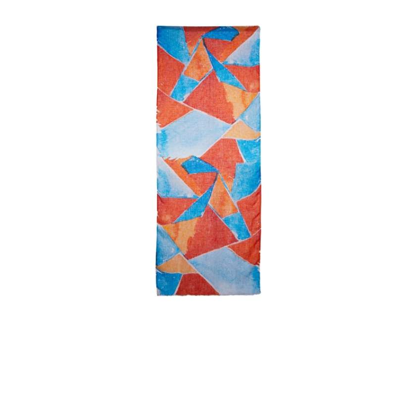 Blue Orange Geometric Pattern Women Linen Shawl Blue Orange Geometric Pattern Women Linen Shawl