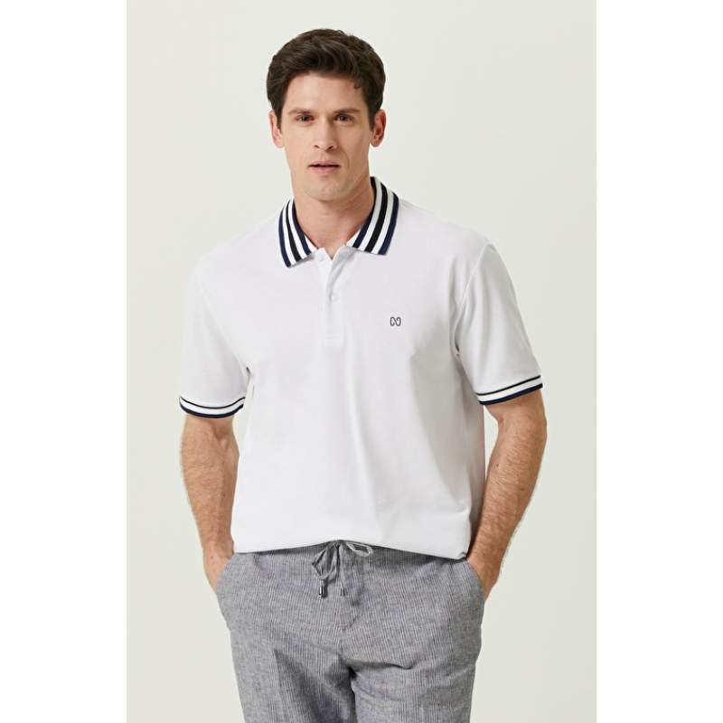 White Blue Short Sleeve Polo Neck Tshirt