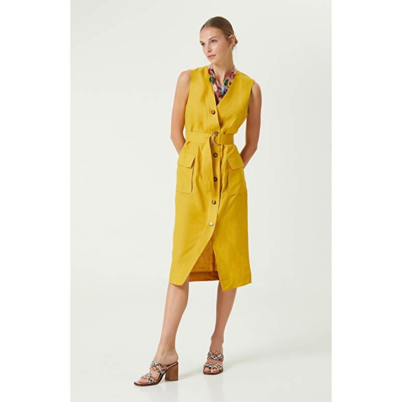 Saffron Color V-Neck Linen Dress