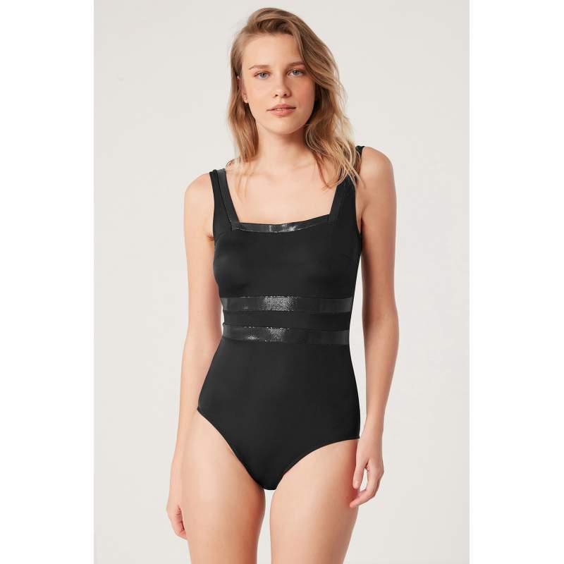 Mopen Straight Color String Gathering Swimwear