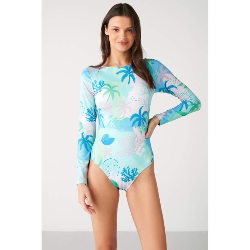 Share Sheer Patterned Back Detailed Swimsuit