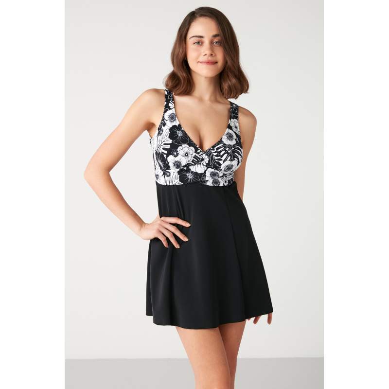 Recta Patterned V-Neck Dress Swimsuit