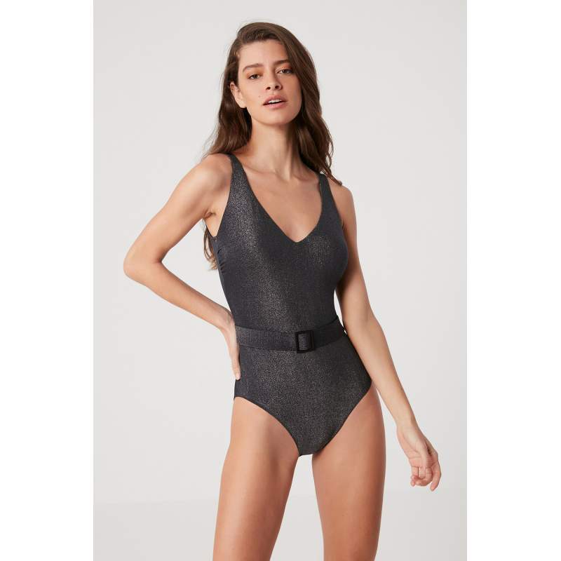 Rehel Shiny Fabric Belted V Neck Swimsuit