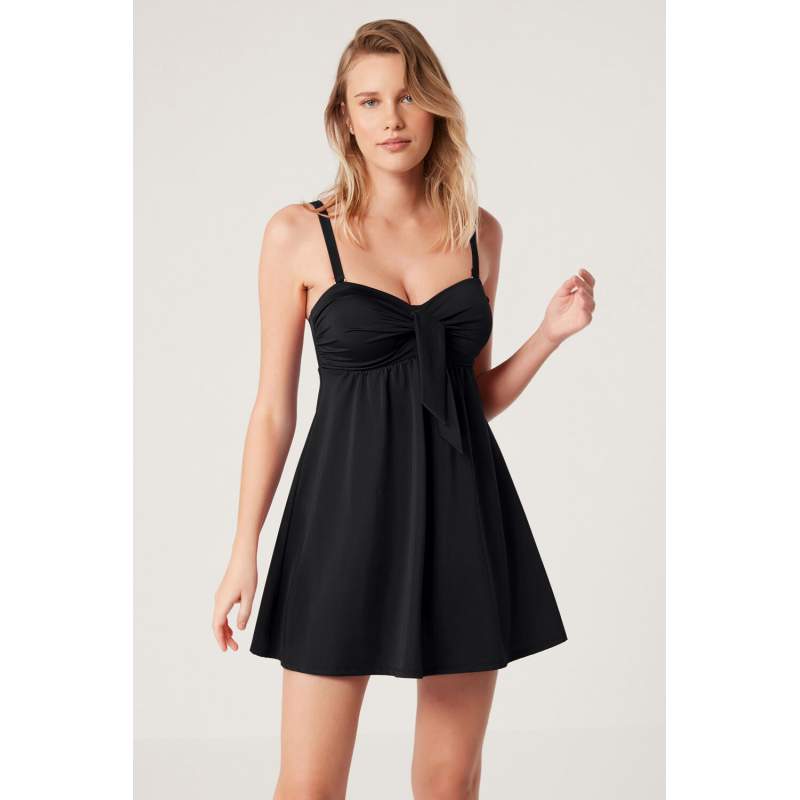 Fraci Shiny Fabric Straight Color Dress Swimsuit