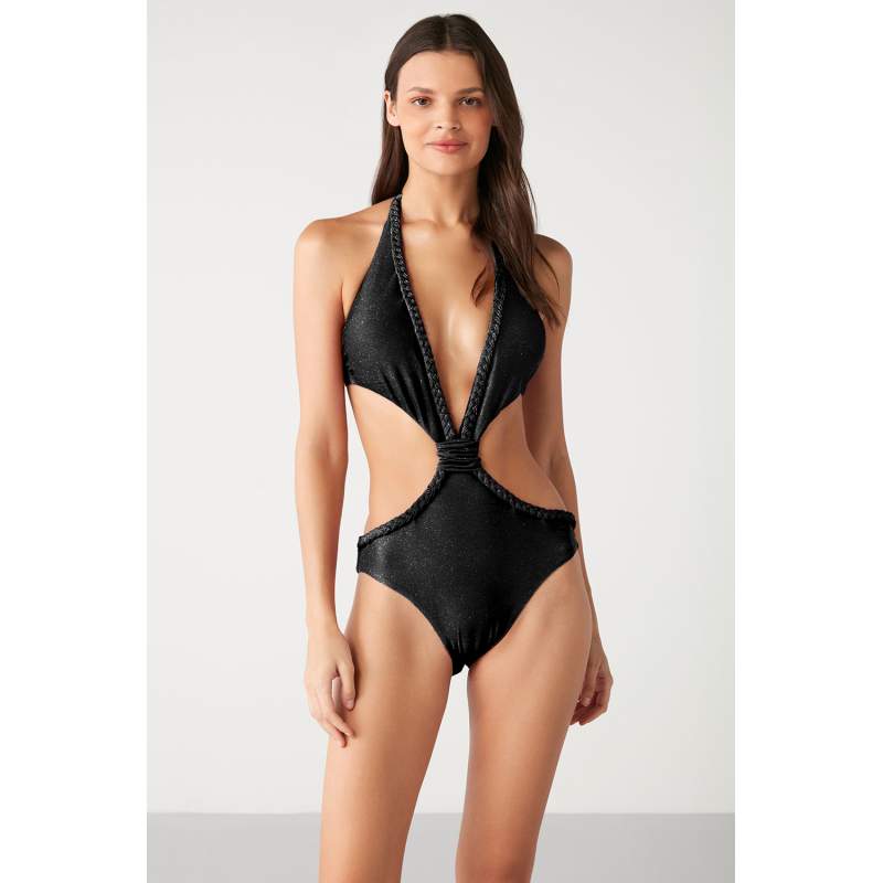 Rajutan Örgü Detail Silvery Fabric Swimsuit