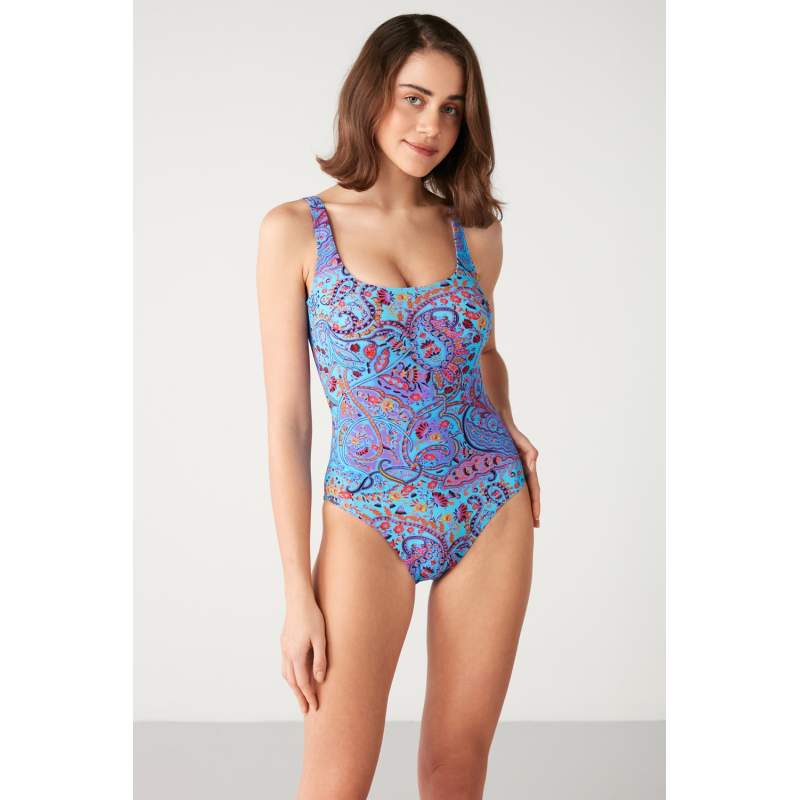 Floret Shawl Pattern Round Neck Swimsuit