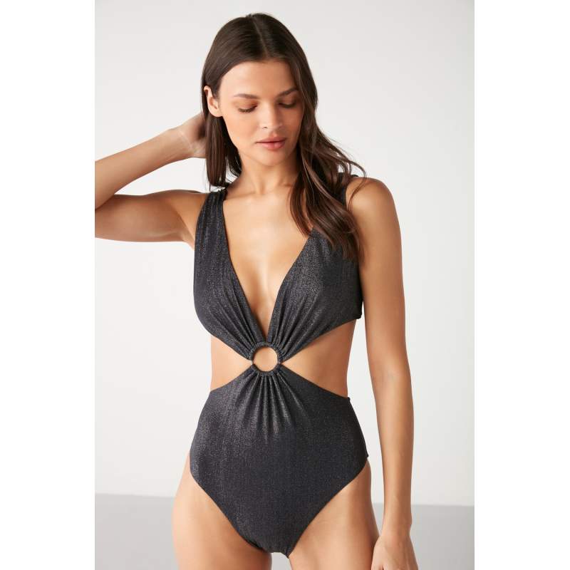 Cleo Ring Detailed Shiny Fabric Swimsuit