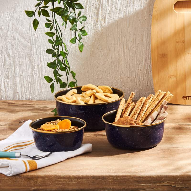 Emsan Dots Enamel 3-Piece Bowl Set Navy Blue