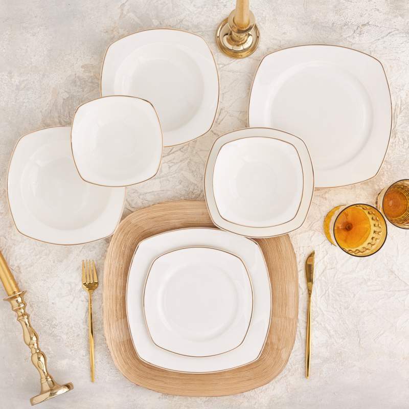 Karaca Adelia 24 Pieces 6 Person Porcelain Gold Half Square Dinnerware
