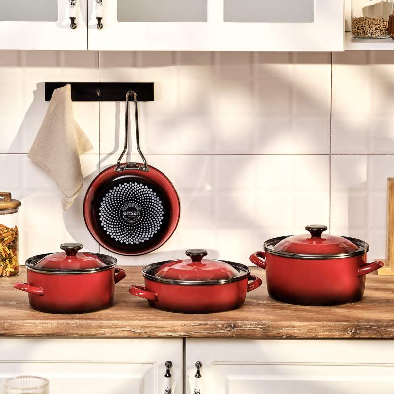 Emsan Pietra 7 Piece Enamel Cookware Set Red