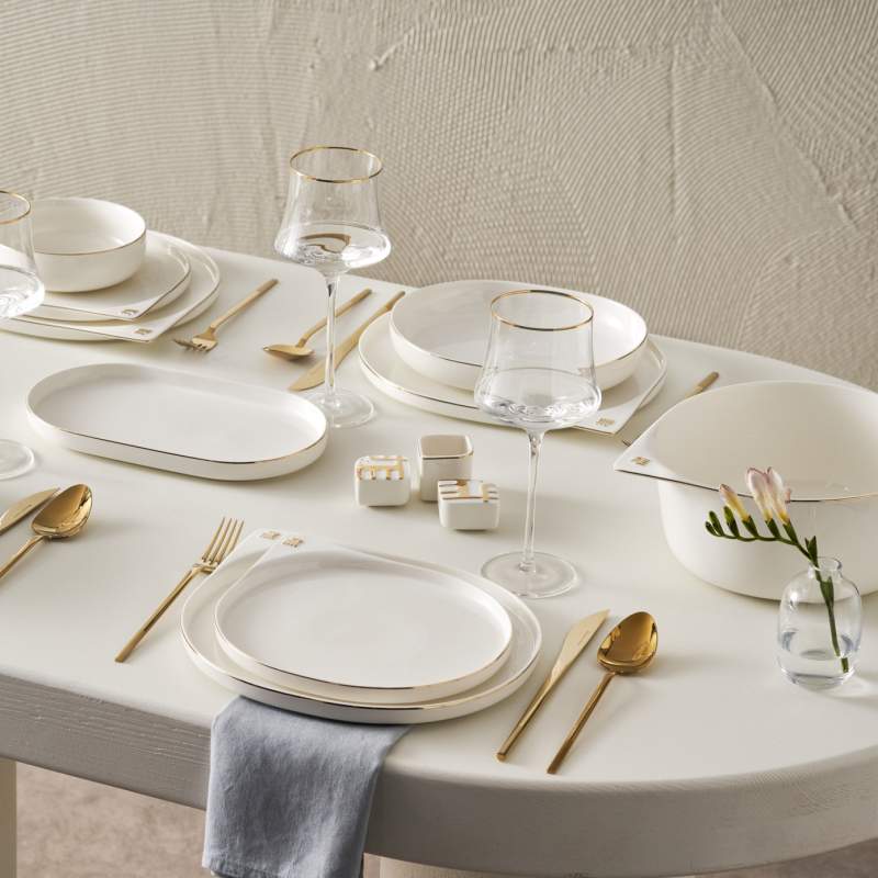 Karaca 50th Anniversary Signature Collection Streamline New Bone Sign 59 Pieces 12 Person Dinnerware