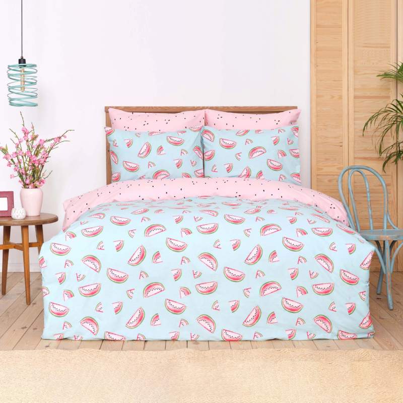 Sarah Anderson Watermelon Blue 100% Cotton Double Duvet Cover Set
