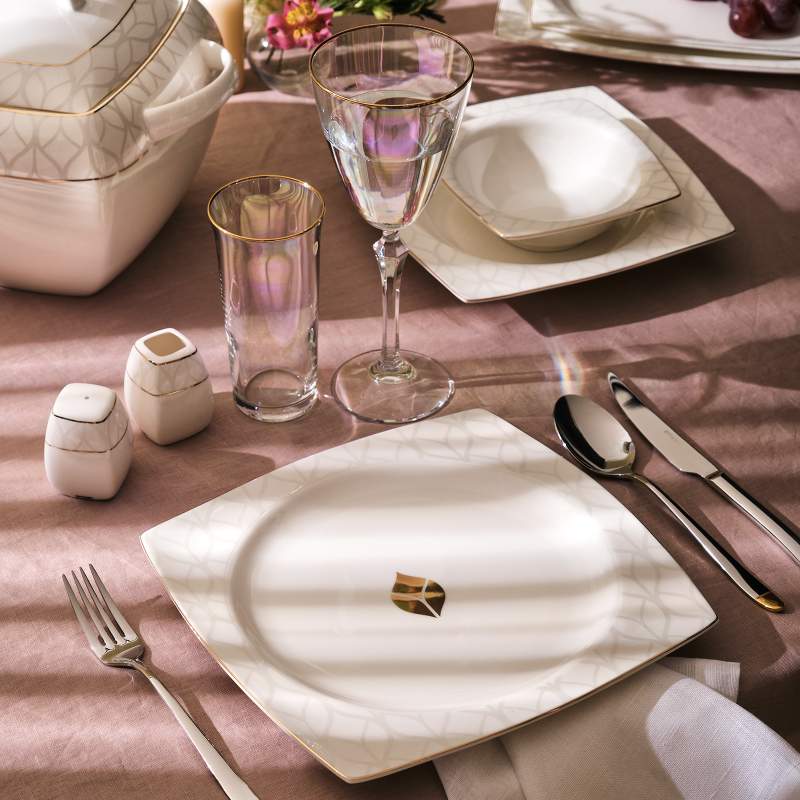 Emsan Fine Bone Golden Leaf 60 Pieces Dinnerware Set for 12 People Gold