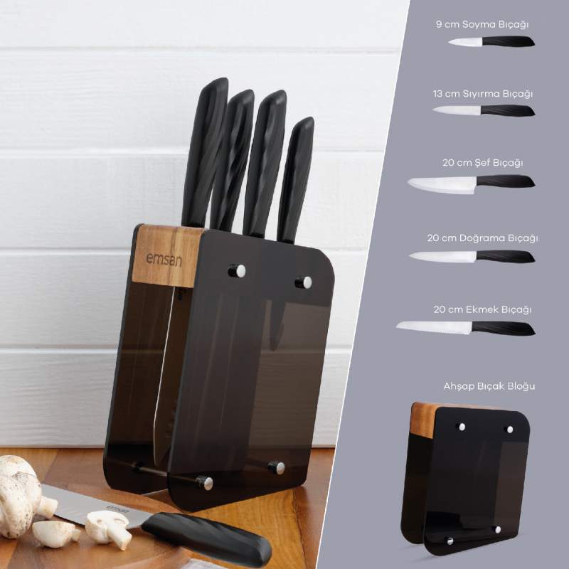 Emsan Kumsal Black 6 Pcs Knife Set with Stand