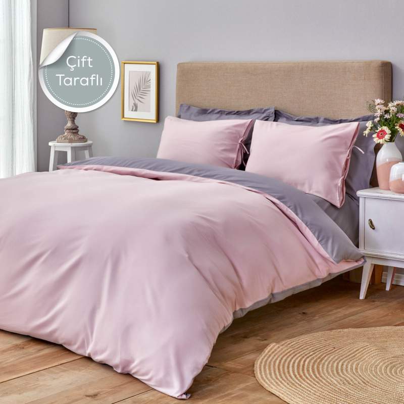Karaca Home Basic Dried Rose Dark Gray Double Sided Double Duvet Cover Set