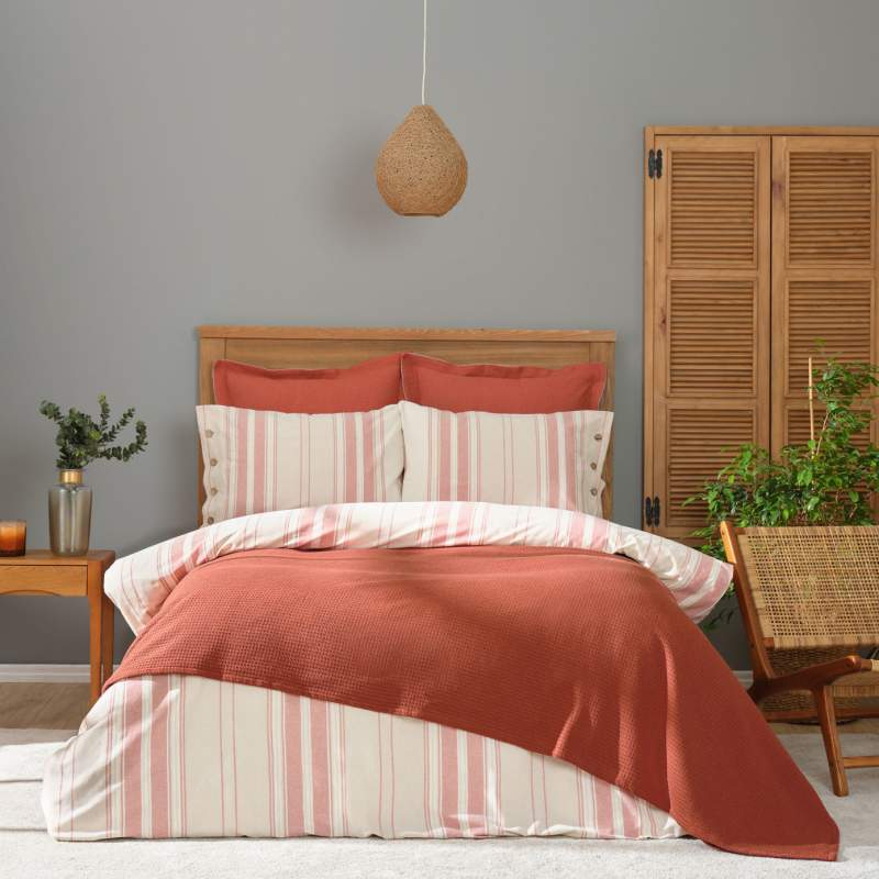 Karaca Home Palermo Terracota Double Yarn Dyed Duvet Cover Bed Cover Set Karaca Home Palermo Terracota Double Yarn Dyed Duvet Cover Bed Cover Set
