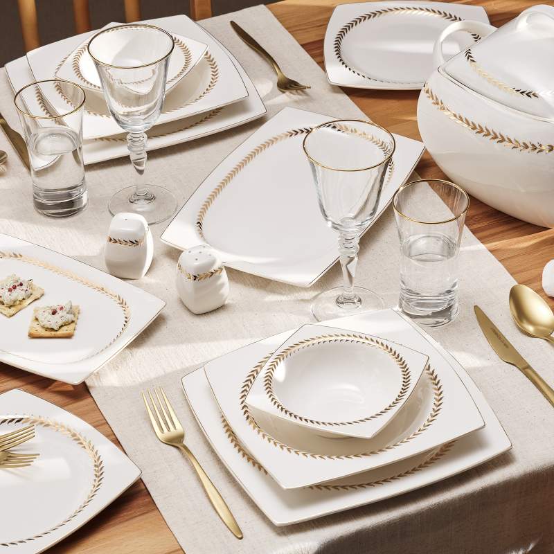 Emsan Başak Fine Bone 60 Pieces Square Dinnerware Set for 12 People Gold