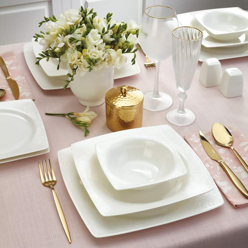 Emsan Fine Bone Meyra 61 Pieces Square Dinnerware Set for 12 Persons