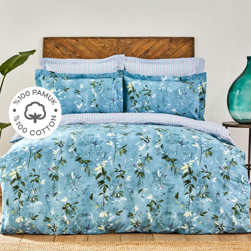 Karaca Home Orville Blue 100% Cotton Double Rubber Linen Duvet Cover Set Karaca Home Orville Blue 100% Cotton Double Rubber Linen Duvet Cover Set