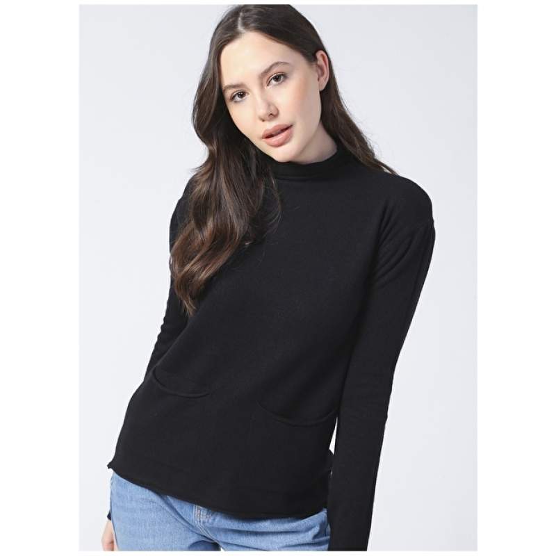 Factory Straight Collar Basic Plain Black Women's Sweater - 20267 Factory Straight Collar Basic Plain Black Women's Sweater - 20267