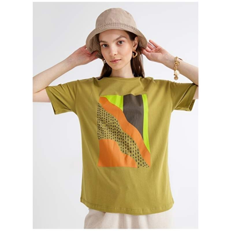 Factory Crew Neck Printed Oil Green Women's T-Shirt APRIRE