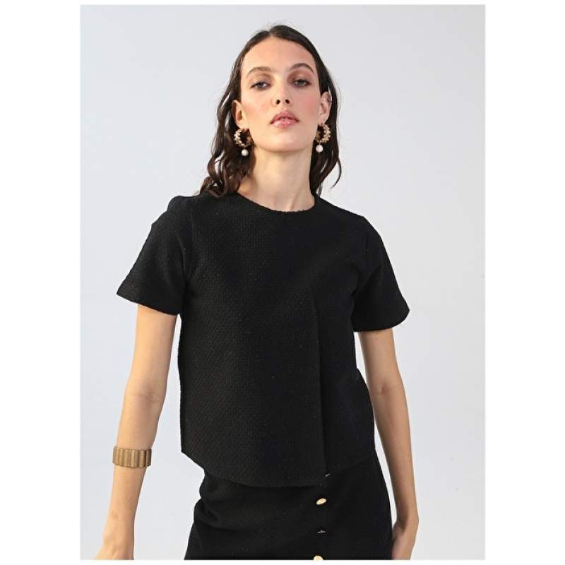 Factory Crew Neck Plain Black Women's Blouse VOLAY