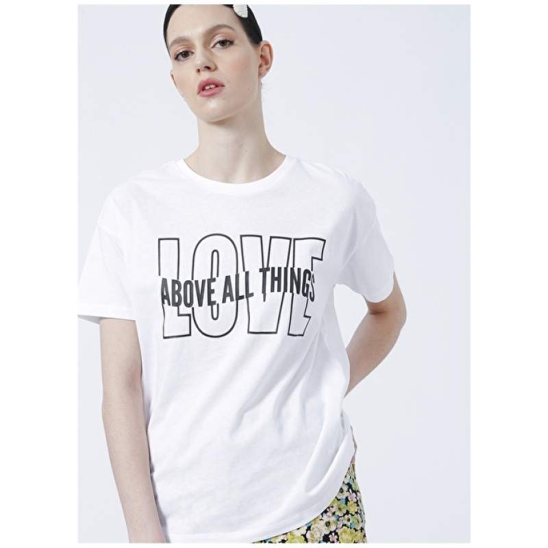 Factory Vizyon Crew Neck Basic Printed White Women's T-Shirt