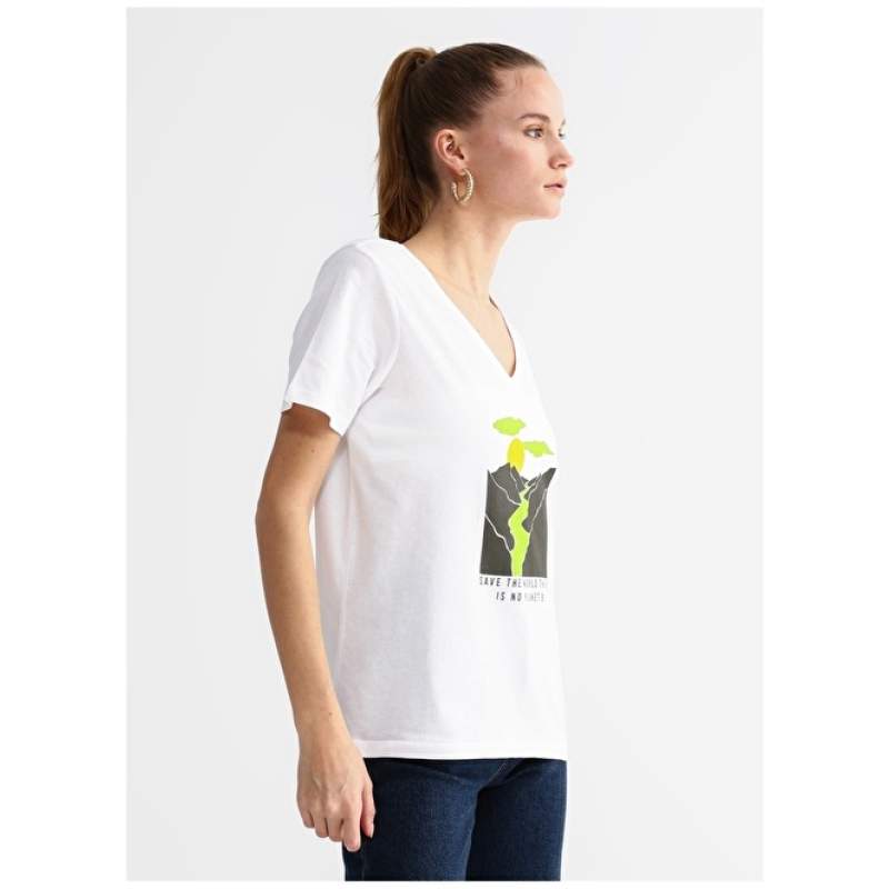 Factory V-Neck Printed White Women's T-Shirt NIENTE