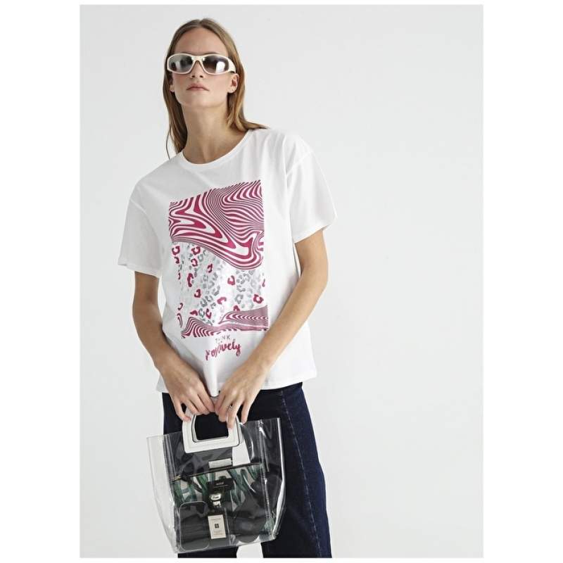 Factory Crew Neck Leafy White Women's T-Shirt LAMPE