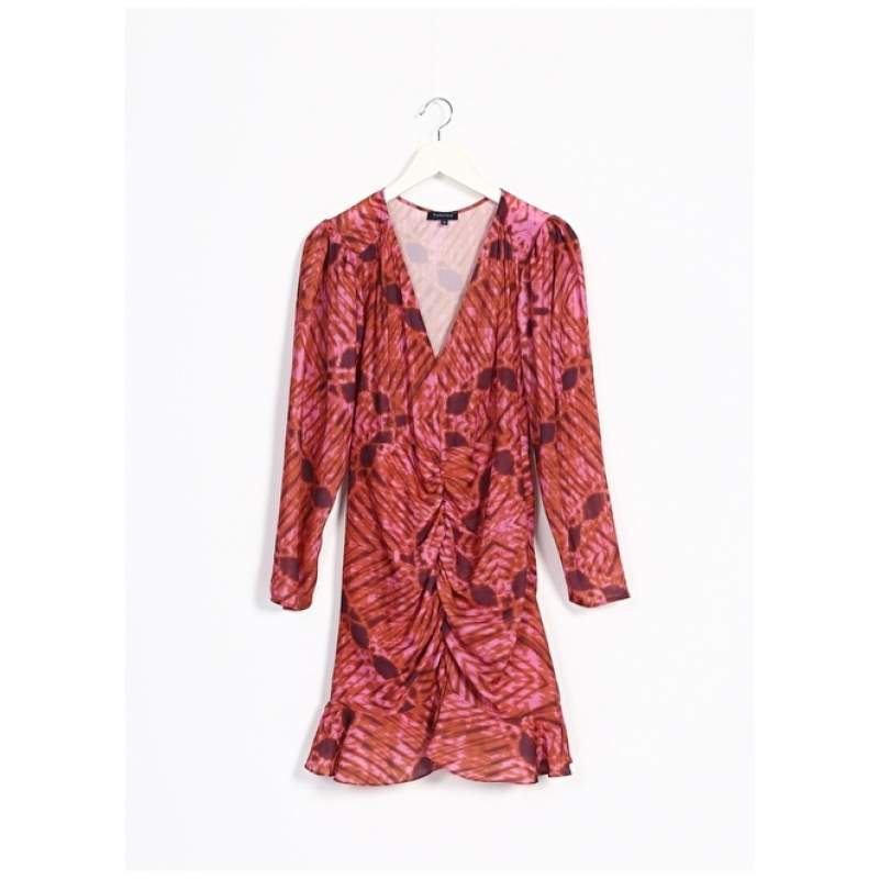 Factory V-Neck Patterned Mini Pink Women's Pleated Dress YMN-9