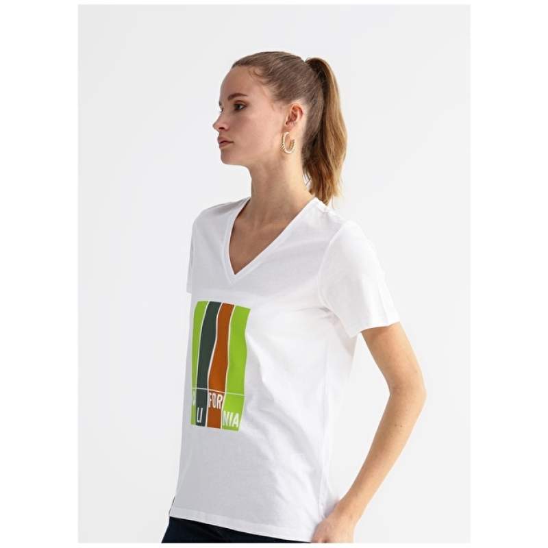 Factory V-Neck Printed White Women's T-Shirt TUTTO