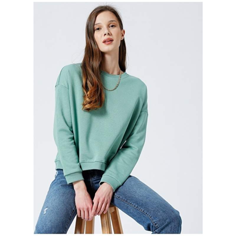 Factory Ravello-Y Crew Neck Crop Plain Green Women's Sweatshirt