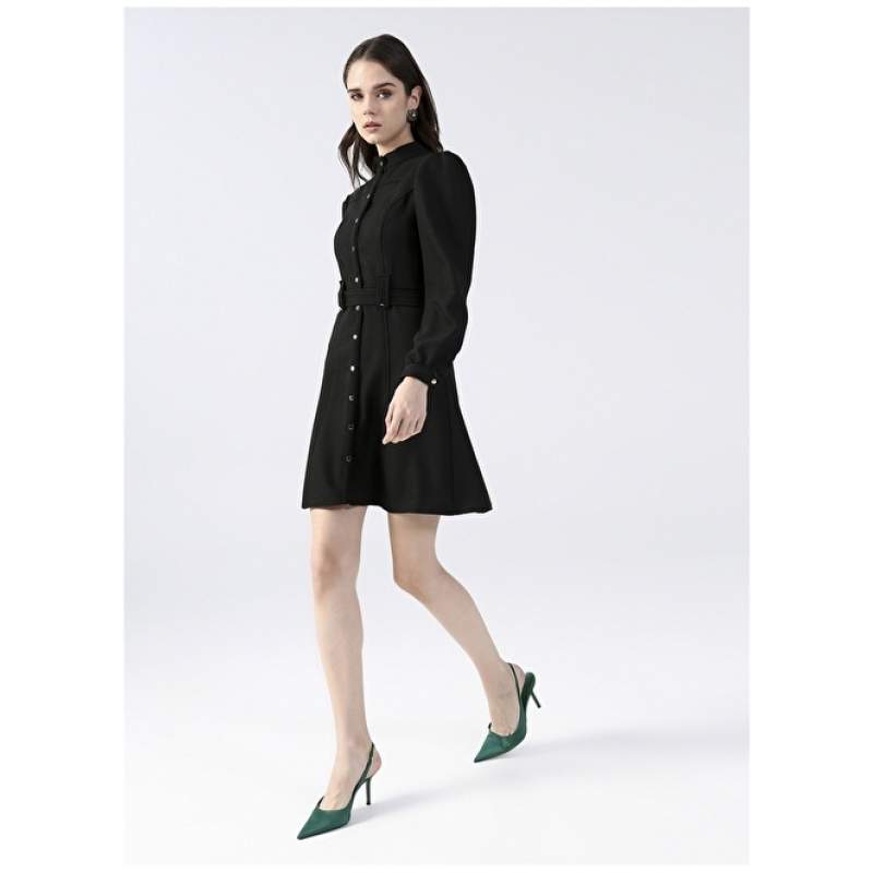 Factory Vertical Collar Patterned Mini Black Women's Dress FREZIA