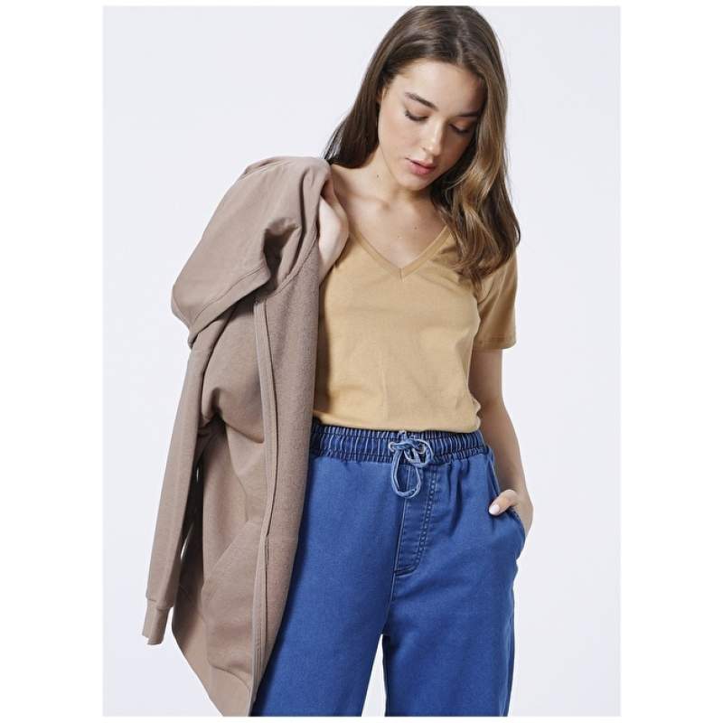 Fabrika TEYO V-Neck Basic Plain Camel Hair Women's T-Shirt