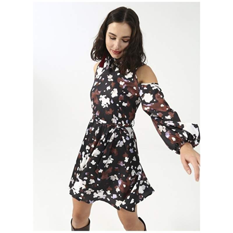 Factory Vertical Collar Patterned Mini Black - Multicolored Women's Dress YMN-21