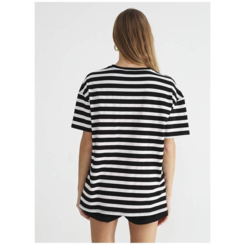 Factory Crew Neck Striped Black - White Women's T-Shirt RIGIN