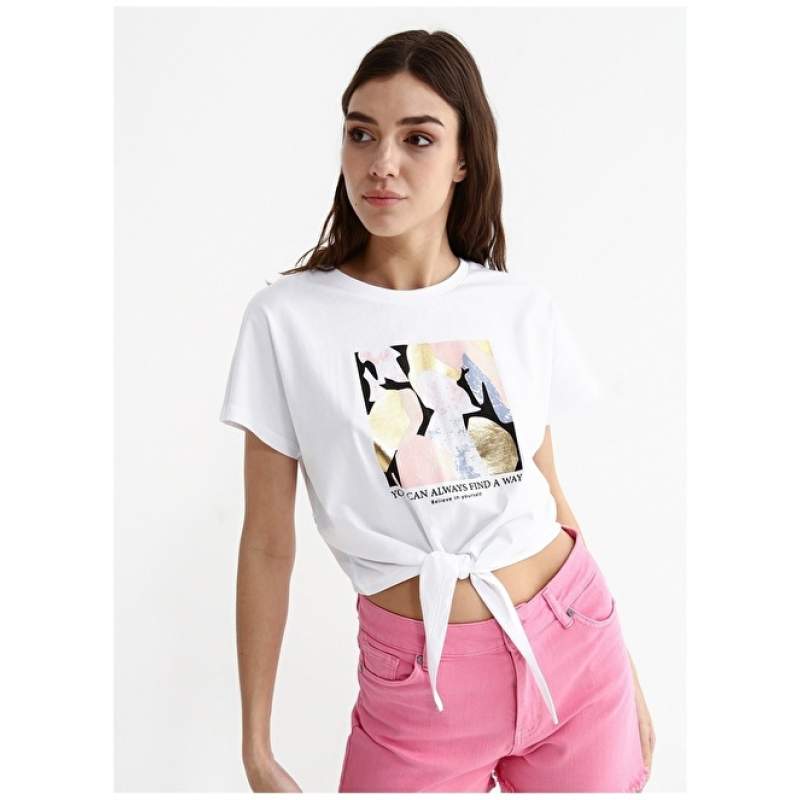 Factory Crew Neck Printed White Women's T-Shirt ARNOLI