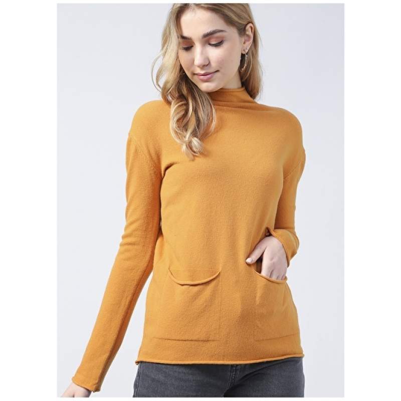 Factory Straight Collar Basic Plain Mustard Women's Sweater - 20267