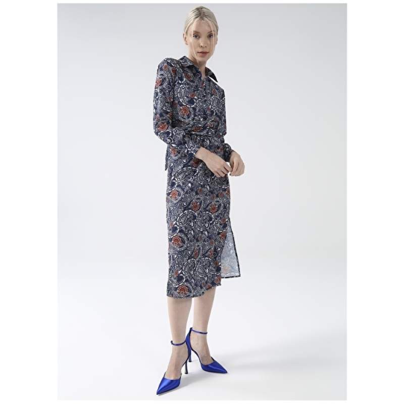 Factory Shirt Collar Patterned Midi Saks Women's Dress YMN-5