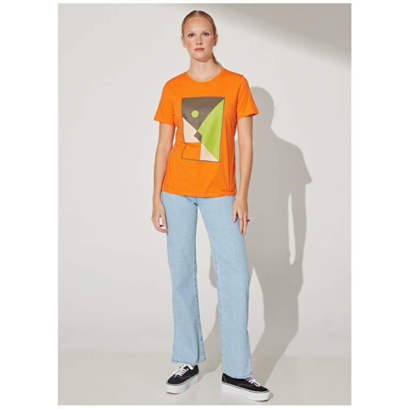 Factory Crew Neck Printed Orange Women's T-Shirt PRENDERE